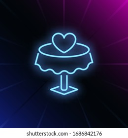 Reserved table neon sign. Glowing neon cafe table with red heart on brick wall background. Vector illustration can be used for romantic, love, dinner, dating