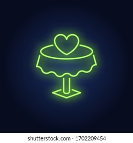Reservierte Tabelle Neonzeichen. Glühender neonischer Kaffeetisch mit rotem Herzen auf Backsteinmauern. Vektorillustration Illustration kann für Romantik, Liebe, Abendessen, Dating