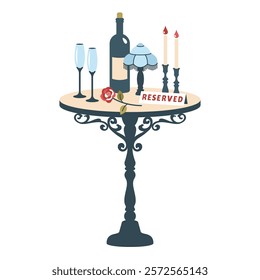 Reserved table. Romantic table restaurant isolated on white background. Vintage table with festive table setting. Romantic time with bottle of wine, lamp, glasses, rose, candles. Vector illustration