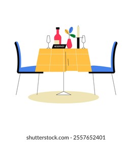 Reserved Table With Wine Bottle And Decor In Flat Vector Illustration Symbolizing Luxury Dining And Romantic Atmosphere, Isolated On White Background