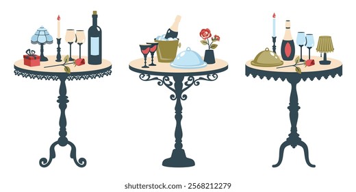 Reserved tables for two. Romantic dinner. Romantic setting. Vintage tables set. Valentine table with cutlery, glasses, wine, lamp, gift, candles in candlesticks, rose. Vector flat illustration