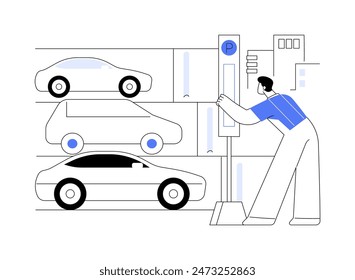 Reservar aparcamiento para clientes Ilustraciones vectoriales de dibujos animados aislados. Trabajador del Profesional instalando el letrero en el estacionamiento, servicio de recogida en la acera, Pequeño negocio, caricatura de Vector de compras inteligente.