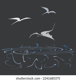 A reservoir with living creatures such as leeches, divergent circles on the water. Birds in the sky.Dark background
