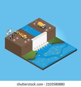 reservoir site construction isometric 3d vector concept for banner, website, illustration, landing page, flyer, etc.
