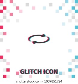 Reset button, reload arrows  glitch effect vector icon.