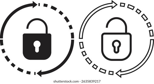 Los iconos de Restablecer contraseña establecen estilos planos y de línea. Actualice los Vectores de bloqueo de rotación. Privacidad, símbolos de seguridad. Señales de rotación. Elementos de infografía para el logotipo del App, Anuncios del Botón del Sitio web y ui, interfaz de ux .