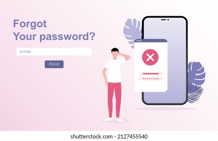 Reset password. Vector illustration for Web banner. Locked smartphone and confused man on light gradient backdrop