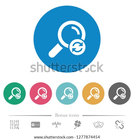 Reset search flat white icons on round color backgrounds. 6 bonus icons included.