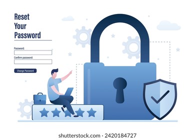 Reset your password, landing page. Account data protection, information storage. Big padlock, shield and five stars protection. Male user holds laptop. Premium internet security technology. Vector