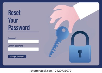 Reset your password, landing page. Hand holds big key, padlock near. Account data protection, information storage. Web page template, trendy blue colors style. Flat vector illustration