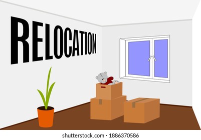Resettlement, migration. Vector illustration of a room with packed things in boxes when relocation
