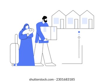 Reasentamiento de personas abstractas de concepto de ilustración vectorial. Reasentamiento, campamento de refugiados, personas desplazadas, movimiento de personas, gran multitud, bolsas y maletas, nueva metáfora abstracta del hogar.