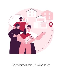 Resettlement of persons abstract concept vector illustration. Resettlement, refugee camp, displaced persons, movement of people, big crowd, bag and suitcases, new home abstract metaphor.