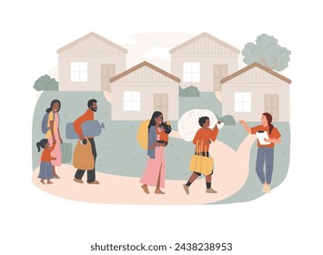 Resettlement of persons isolated concept vector illustration. Resettlement, refugee camp, displaced persons, movement of people, big crowd, bag and suitcases, new home vector concept.