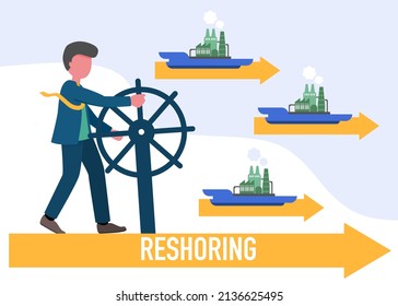 Reshoring concept. business man drive a ship with factories come home. Increased protectionism. Self-sufficiency. Automated supply chain. Avoid production chain disruption. Local production.