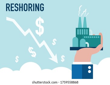 Reshoring concept. Character of business man carrying factory come home. Increased protectionism. Self-sufficiency. Automated supply chain. Avoid production chain disruption. Local production.