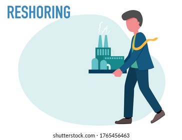 Reshoring concept. Character of business man carrying factory come home. Increased protectionism. Self-sufficiency. Automated supply chain. Avoid production chain disruption. Local production.
