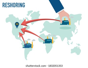 Reshoring concept. Character of business man holding factory come home. Increased protectionism. Self-sufficiency. Automated supply chain. Avoid production chain disruption. Local production.