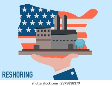 Reshoring concept. Character of business man carrying factory come home. Increased protectionism. Self-sufficiency. Automated supply chain. Avoid production chain disruption. Local production.