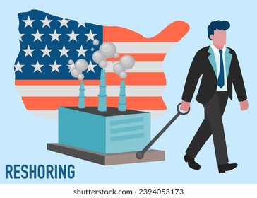 Reshoring concept. Character of business man carrying factory come home. Increased protectionism. Self-sufficiency. Automated supply chain. Avoid production chain disruption. Local production.