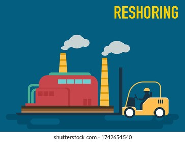 Reshoring concept. Electric forklift driven by worker carrying factory come home. Increased protectionism. Self-sufficiency. Automated supply chain. Avoid production chain disruption. Local production