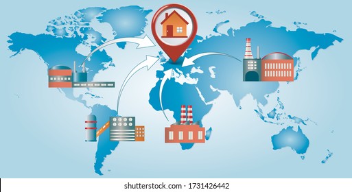 Reshoring concept. Factories companies come home. Increased protectionism. Self-sufficiency. Automated supply chain. Avoid production chain disruption. Local production. World map