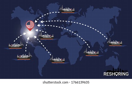 Reshoring concept. Factories companies return to USA. Self-sufficiency. Automated supply chain. Avoid production chain disruption. Design by freighter carry factory to moving on world map. Vector