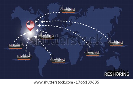 Reshoring concept. Factories companies return to USA. Self-sufficiency. Automated supply chain. Avoid production chain disruption. Design by freighter carry factory to moving on world map. Vector Photo stock © 