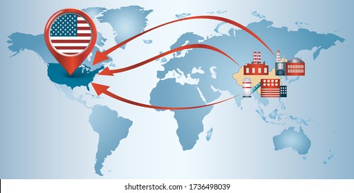 Re-shoring. Local production. Factories companies from China return to the USA. Protectionism. Local production self-sufficiency. Automated supply chain. Avoid production chain disruption