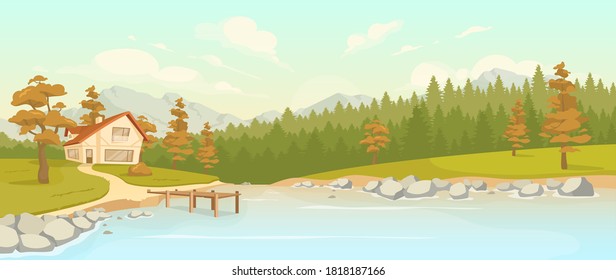 Residence in fall woods flat color vector illustration. Rural home near lake. Residence cottage in autumn weather in countryside. Seasonal country 2D cartoon landscape with nature on background