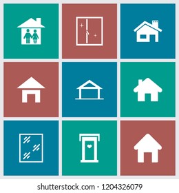 Residence icon. collection of 9 residence filled icons such as home, house building, door with heart, window. editable residence icons for web and mobile.
