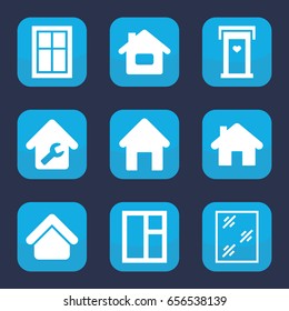 Residence icon. set of 9 filled residence icons such as house building, door with heart, window, home repair
