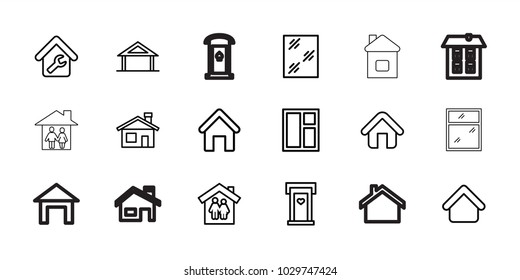 Residence icons. set of 18 editable outline residence icons: home, house building, door with heart, window, family house