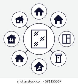 residence icons set. Set of 9 residence filled icons such as house building, door with heart, window, home, home repair