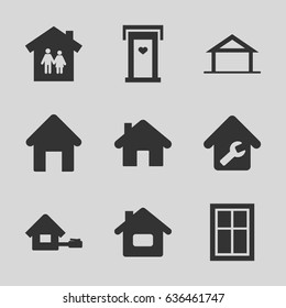 Residence icons set. set of 9 residence filled icons such as home, house building, door with heart, window, home repair