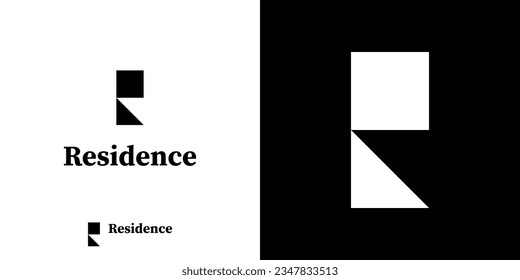 Residence logo design with geometric capital letter R in a black and white vector format.