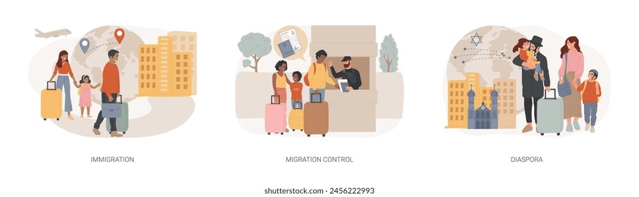 Residence permit isolated concept vector illustration set. Immigration documents, migration control, diaspora, green card, application form, fingerprints check, religious community vector concept.