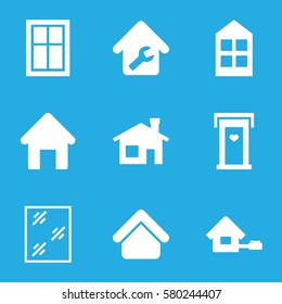 residence vector icons. Set of 9 residence filled icons such as house building, door with heart, window, home repair