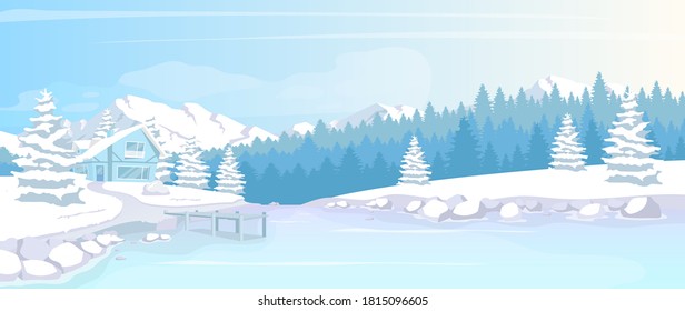 Residence in winter woods flat color vector illustration. Home near icy lake. Cold weather in countryside. Snow in mountains. December scandinavian 2D cartoon landscape with nature on background