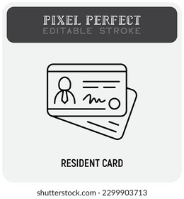 Resident card thin line icon. Id card, document. Editable stroke. Vector illustration.