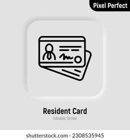 Resident card thin line icon. Id card, document. Editable stroke. Vector illustration.