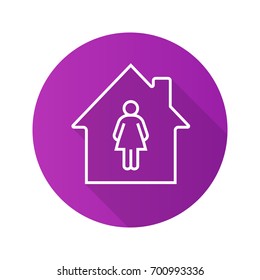 Resident, owner flat linear long shadow icon. House with woman inside. Vector outline symbol