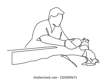 Resident provide emergency medical care to the patient continuous one line vector illustration. Female nurse taking care to illness patient. Oxygen mask