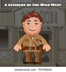 A resident of the wild West. An armed man stands in the background of the entrance to saloon. Funny animated man. Vector cartoon close-up illustration.