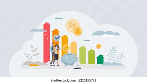 Residental home energy consumption efficiency measurement tiny person concept. Information about real estate heating, insulation and power usage sustainability vector illustration. Clean eco building.