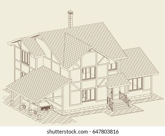 Residental house of brick and half-timbered frames with carport. Blueprint. Vector.