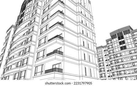 Residential Apartment building with balcony perspective 3D illustration vector eps10