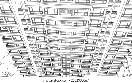 Residential Apartment building balcony façade perspective 3D drawing illustration vector