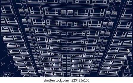 Residential Apartment building balcony façade perspective 3D drawing illustration vector blueprint