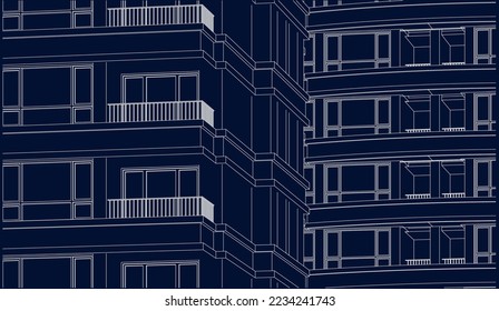 Residential apartment building balcony perspective 3D line illustration vector blueprint